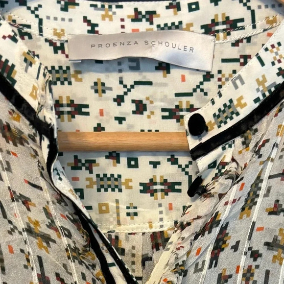 Proenza Schouler Chiffon Printed Dress Black Velvet Piping Midi Long Sleeve L - Picture 4 of 6